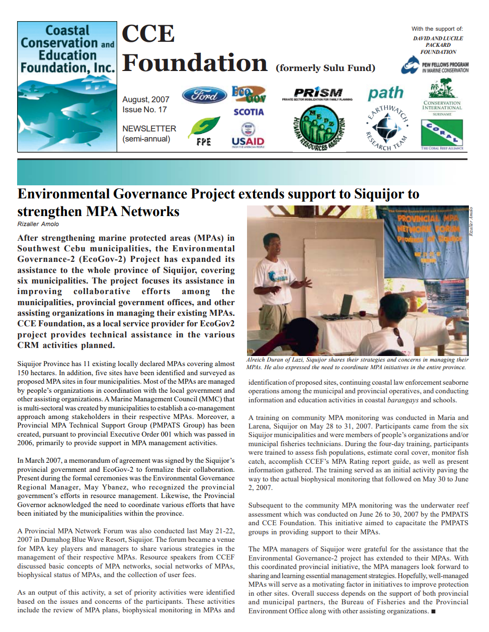 ENVIRONMENTAL GOVERNANCE PROJECT EXTENDS SUPPORT TO SIQUIJOR TO STRENGTHEN MPA NETWORKS