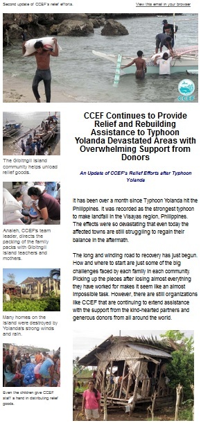 CCEF CONTINUES TO PROVIDE RELIEF AND REBUILDING ASSISTANCE TO TYPHOON YOLANDA DEVASTATED AREAS WITH OVERWHELMING SUPPORT FROM DONORS