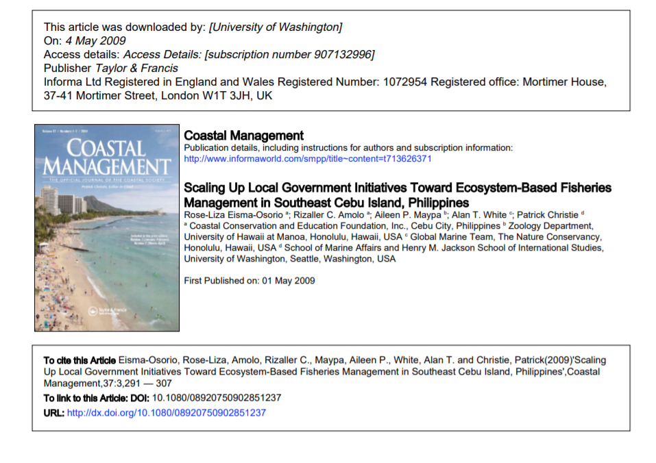 Scaling Up Local Government Initiatives Toward Ecosystem-Based Fisheries Management in Southeast Cebu Island, Philippines