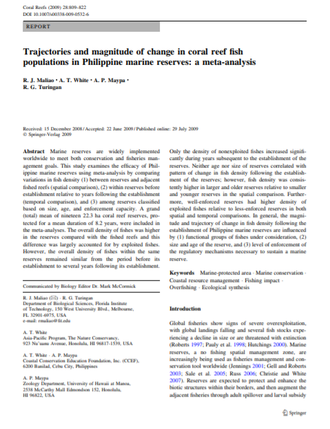 Trajectories and magnitude of change in coral reef fish populations in Philippine marine reserves: a meta-analysis