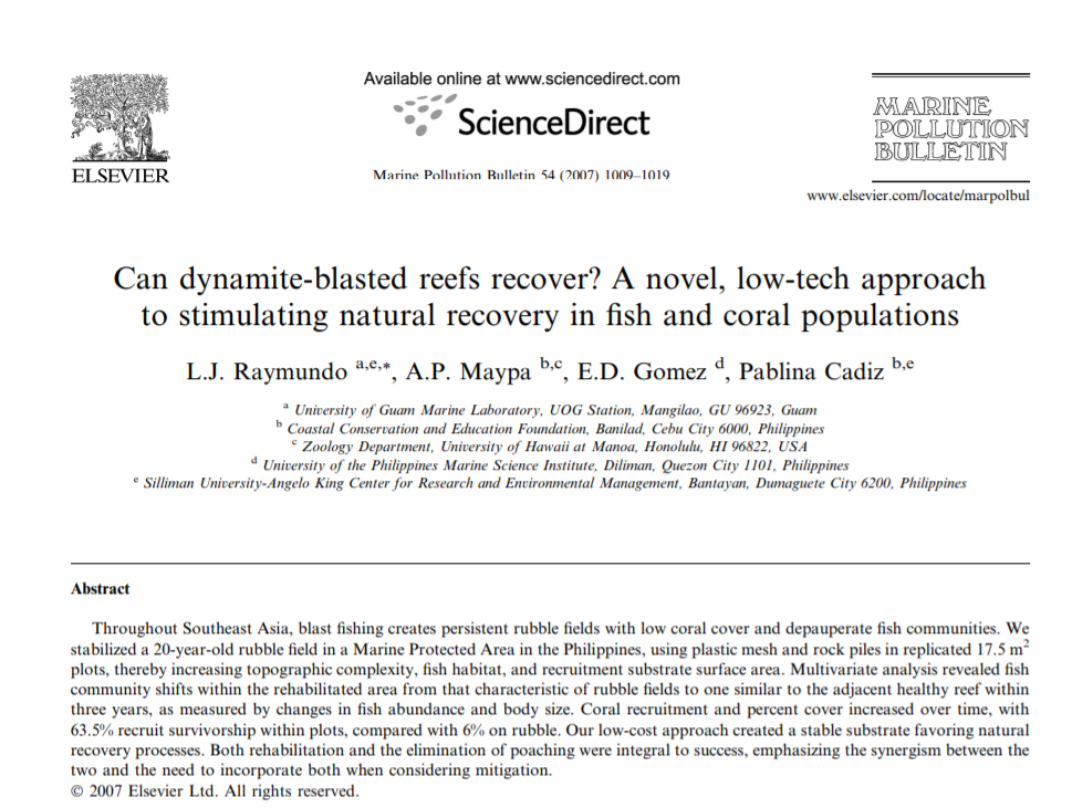 Can dynamite-blasted reefs recover? A novel, low-tech approach to stimulating natural recovery in fish and coral populations